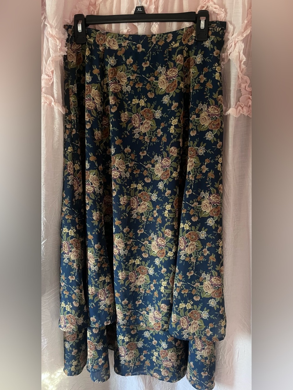 Liz Sport navy floral midi skirt featuring a romantic rose print layered hem